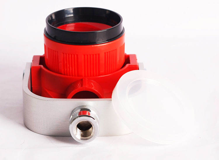 TP 04 Single Prism for Total Station with red housing and aluminum base for reliable surveying measurements.