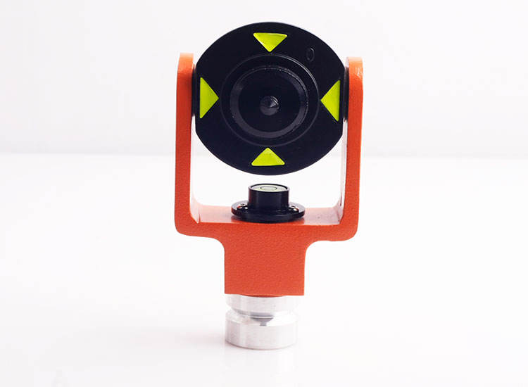Close-up of 102 Mini Prism for Total Station, featuring a black and yellow design for accurate measurements.