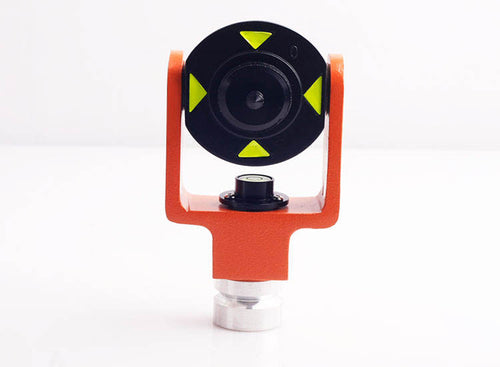 Close-up of 102 Mini Prism for Total Station, featuring a black and yellow design for accurate measurements.