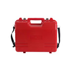 Protective Hard Case for Monocular Prism in red with metal latches and shoulder strap for secure transport.