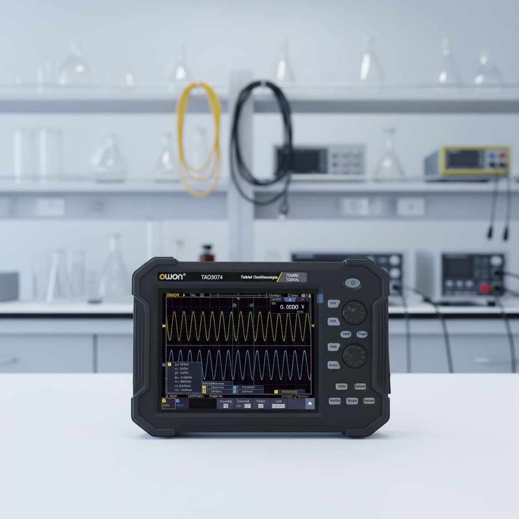TAO3074 Portable Tablet Oscilloscope 4 Channel 70MHz displayed in a lab with various equipment in the background.
