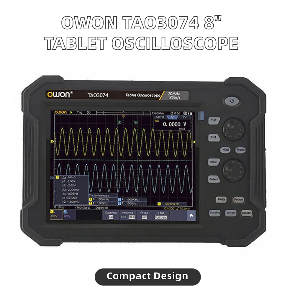 TAO3074 Portable Tablet Oscilloscope 4 Channel 70MHz with 8 inch display and compact design.