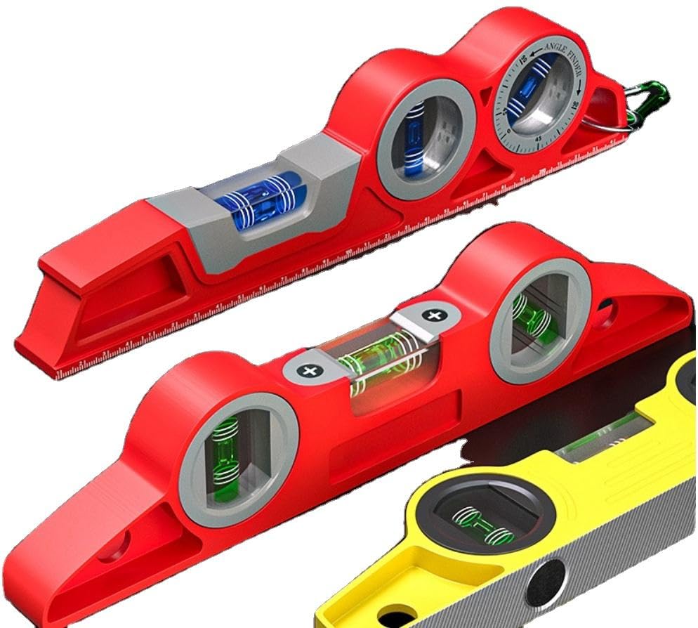 Two-in-One Spirit Level Keychain featuring horizontal and vertical precision tools in red and yellow design.