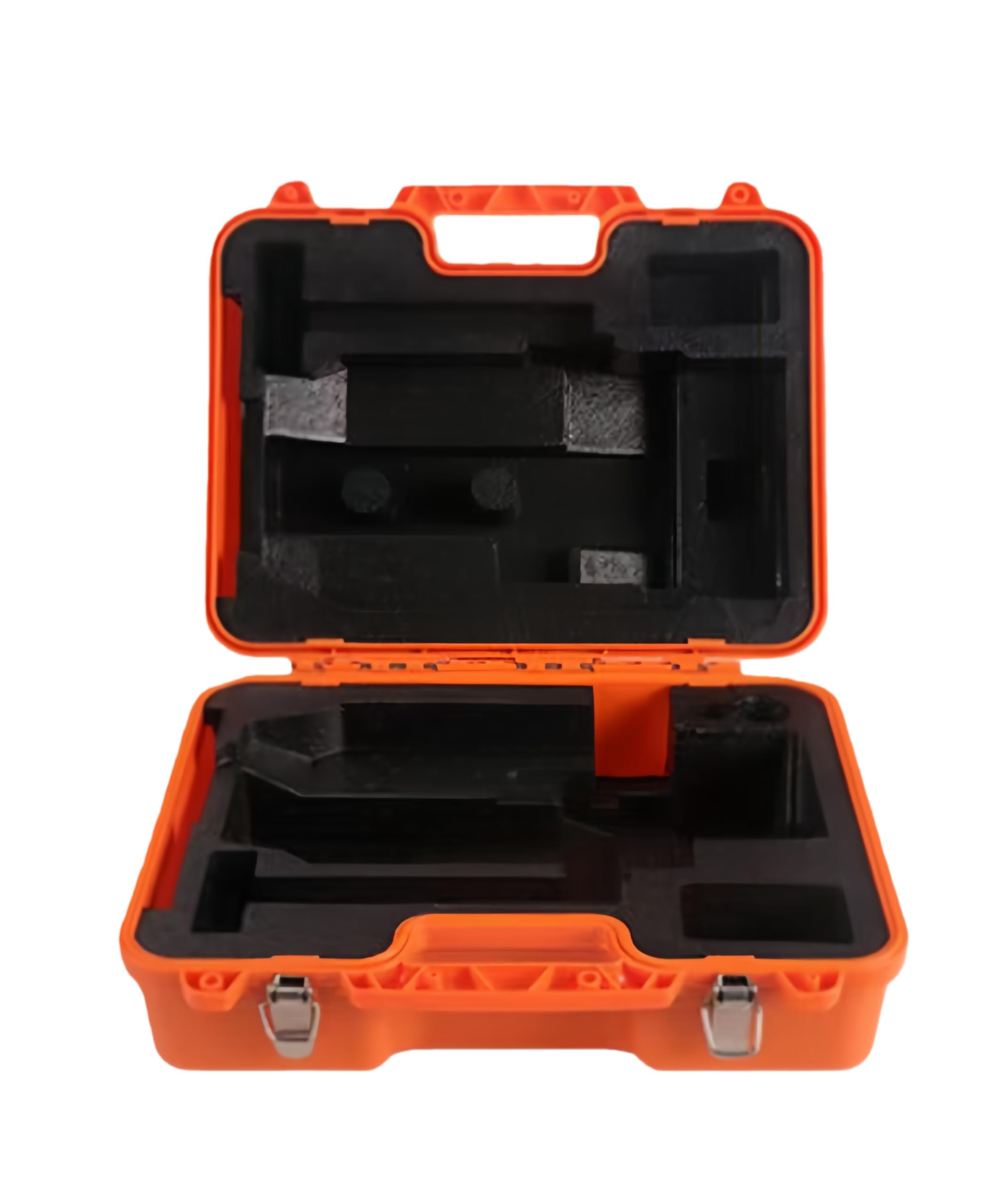 Orange Theodolite Case 40x22x32cm with custom foam interior for dual prism storage case.