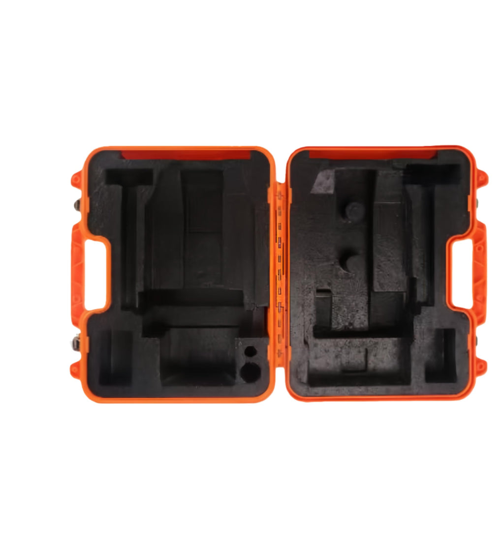 Open Orange Theodolite Case 40x22x32cm featuring custom foam interior for secure storage of surveying instruments.