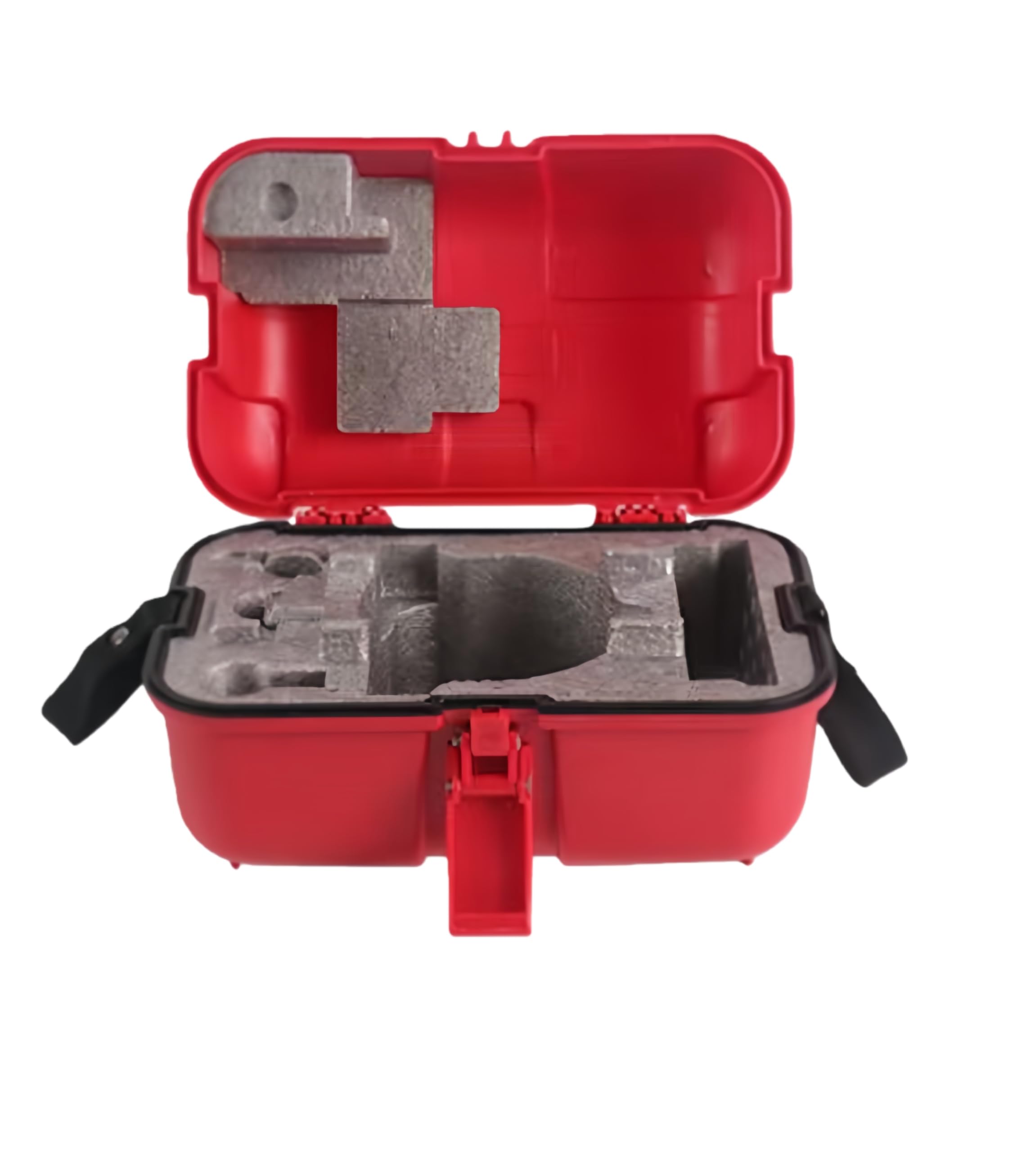 Hard Case for Leveling Equipment in bright red, waterproof with custom-cut foam interior for secure storage.