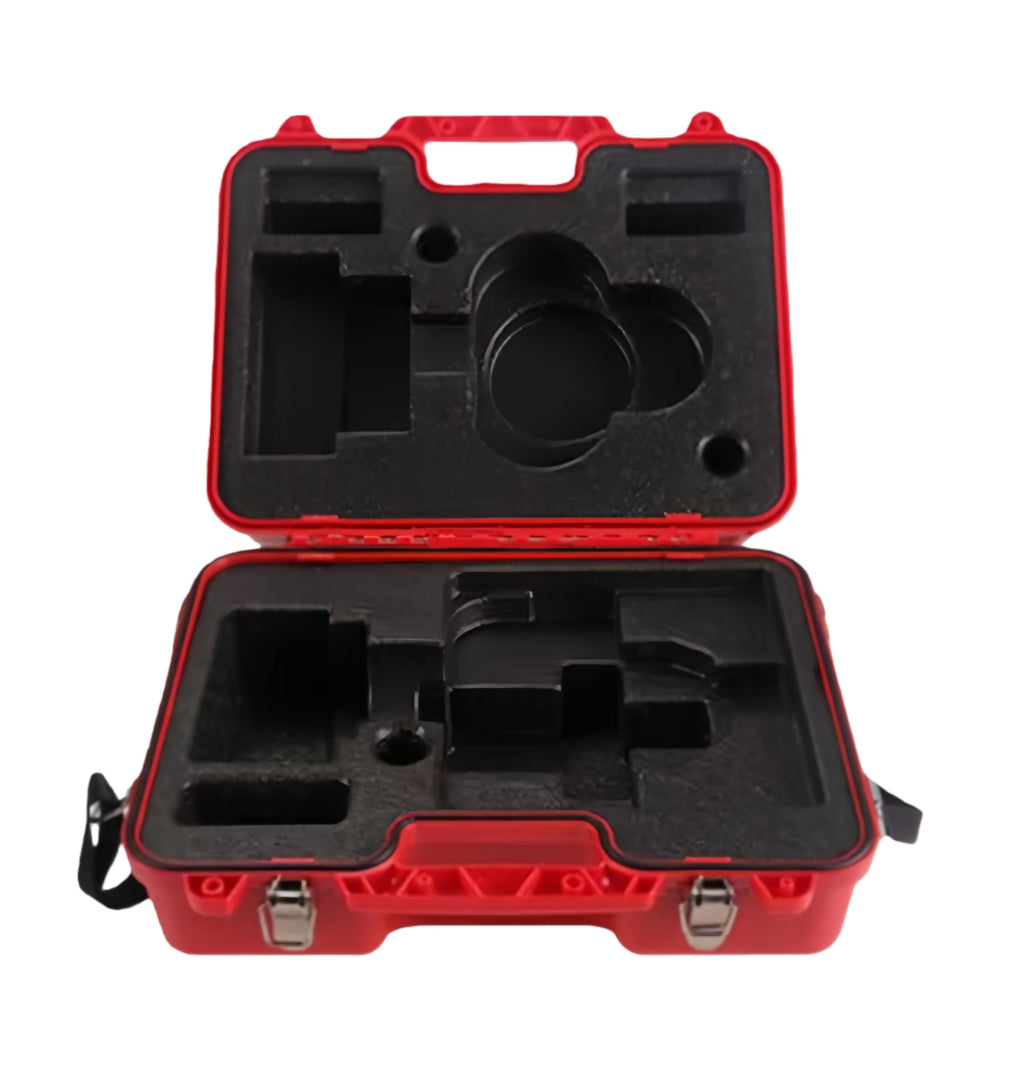 Protective Hard Case for Monocular Prism interior view with custom foam compartments and metal latches.