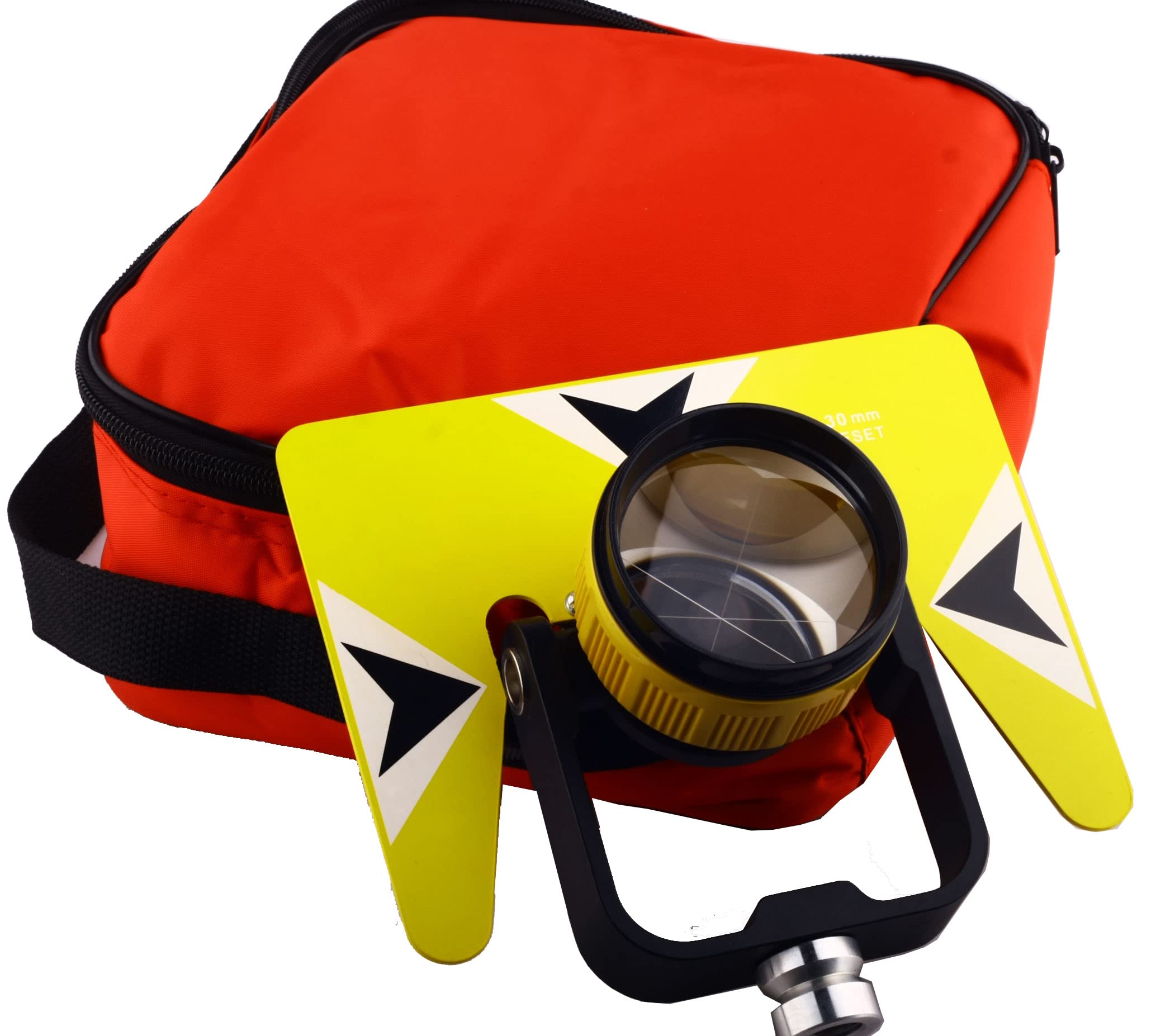 NP 02 Reflective Prism for Total Station with yellow and black design next to an orange carrying bag.