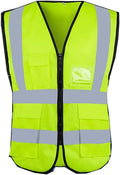 Reflective Safety Vest with Straps in bright yellow with reflective strips and multiple pockets for high visibility.