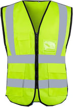 Reflective Safety Vest with Straps in bright yellow with reflective strips and multiple pockets for high visibility.