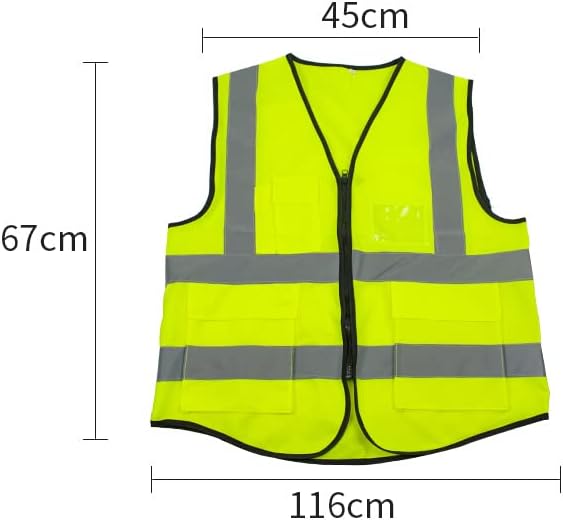 Reflective Safety Vest with Straps: High-visibility yellow vest with reflective stripes and pockets, dimensions shown.